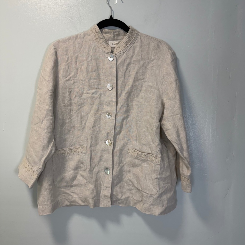 Studio Works Petite Linen Lace Trim Button Up Jacket Blazer Tan Beige PL